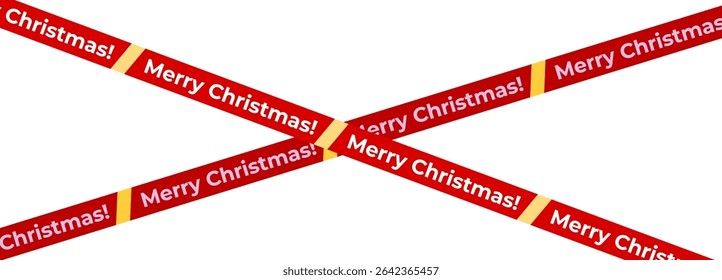 Red Horizontal Tape With Merry Christmas Text And Yellow Stripe Dividers. Flat Holiday Ribbon Design For Greeting Cards Or Decoration. Vector Illustration.