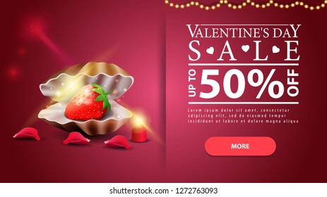 Red horizontal Valentine's Day discount banner with pearl shell
