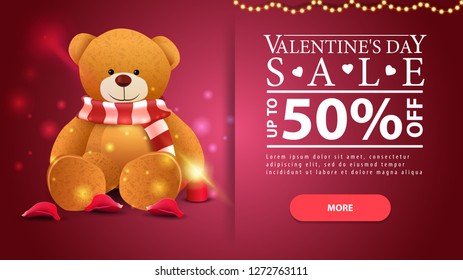 Red horizontal Valentine's Day discount banner with Teddy beer