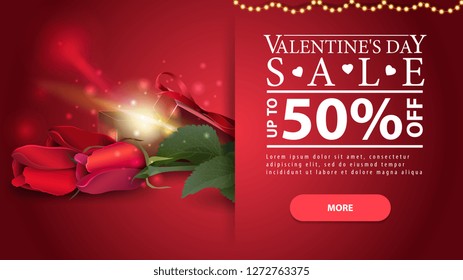 Red horizontal Valentine's Day discount banner with gift and flowers