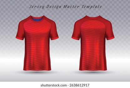 Red horizontal-striped jersey with tonal texture and blue collar accent, perfect for soccer and football kits, esports uniforms, or team merchandise. Ready-to-brand vector template.