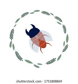 Red horned beetle in a wreath of leaves and twigs. Spring decor