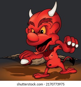 Red Horned Devil with Big Smile and Yellow Eyes Pointing with his Finger - Colored Cartoon Illustration with Background, Vector