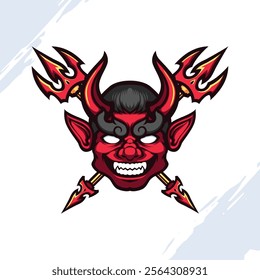 Red Horned Devil Head with Crossed Trident