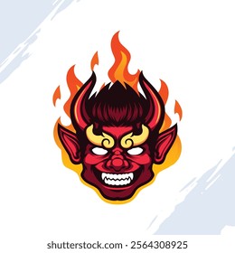 Red Horned Devil Head with Flaming Background