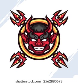 Red Horned Devil Head with Four Trident