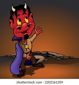 Red Horned Devil with Smile and Purple Cloak - Colored Cartoon Illustration with Background, Vector