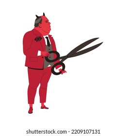 Red Horned Man with Big Scissors as Government and Big Brother Vector Illustration