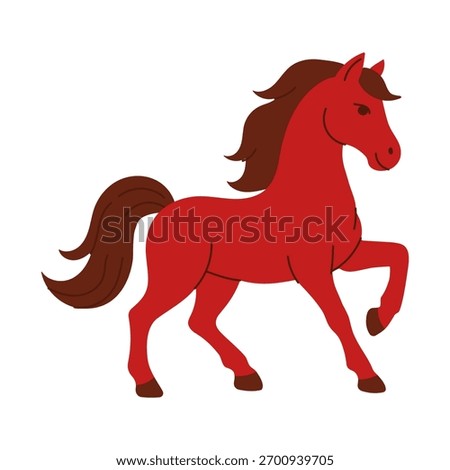 A red horse with a black mane and tail. The horse is standing on a white background