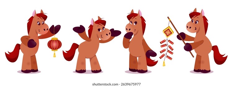 Red horse cartoon characters celebrating 2026 Chinese New Year - cute animal mascots holding lantern, firecrackers and festive decorations. Cheerful pony with brown mane for holiday greeting cards.