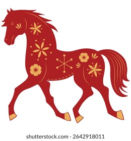 Red horse chinese new year horoscope symbol. Horse character, flower and asian elements for Lunar new year. Vector isolated.