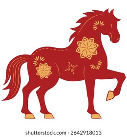 Red horse chinese new year horoscope symbol. Horse character, flower and asian elements for Lunar new year. Vector isolated.