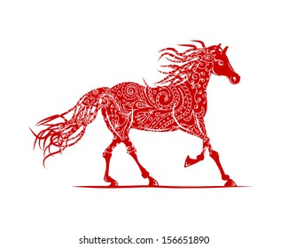 Red horse with floral ornament for your design. Symbol of 2014 year