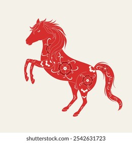 Red horse with a floral pattern. Symbol of New Year 2026. Vector illustration