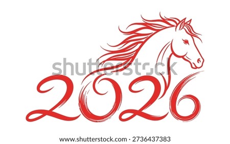 Red horse head and flowing mane integrated with stylized 2026 text on white background Keywords horse, 2026, new year, red, stylized, brush stroke