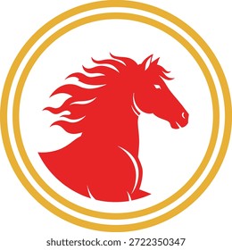 Logotipo de cabeza de caballo rojo en marco circular con melena fluida