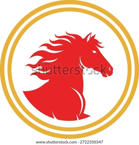 Red horse head logo in circular frame with flowing mane