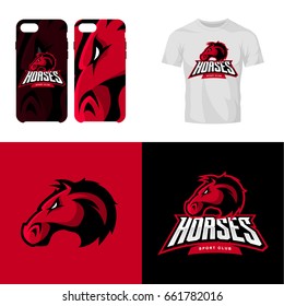 Red horse head sport club isolated vector logo concept. Modern professional team badge mascot design. Premium quality wild animal t-shirt tee print illustration. Smart phone case accessory emblem.