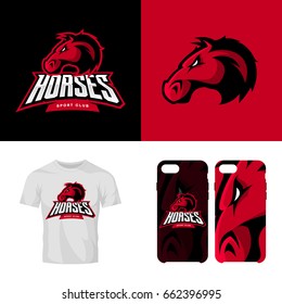 Red horse head sport club isolated vector logo concept. Modern professional team badge mascot design. Premium quality wild animal t-shirt tee print illustration. Smart phone case accessory emblem.
