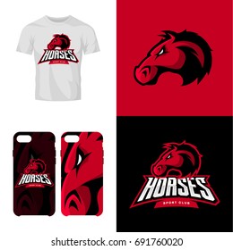 Red horse head sport club isolated vector logo concept. Modern professional team badge mascot design. Premium quality wild animal t-shirt tee print illustration. Smart phone case accessory emblem.