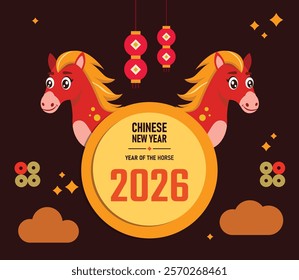 Red Horse illustrations collection. Chinese new year 2026 year of the Horse, 2026 poster. Horse silhouette, asian clouds on red background. Astrology China lunar calendar geometric flat modern style.