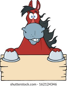 Red Horse Looking Over A Blank Wood Sign. Vector Illustration Isolated on white