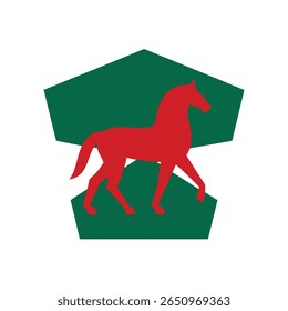 Silhueta de cavalo vermelho dentro de uma forma pentágono verde contra uma Revolucion Mexicana