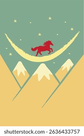 Red horse silhouette running across a winter mountain ridge under northern lights