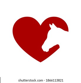 Red horse vector head face silhouette drawing illustration in heart frame shape isolated on white background .Love horses sign icon. T shirt print. Laser Cut. Plotter Cutting. Vinyl wall sticker decal