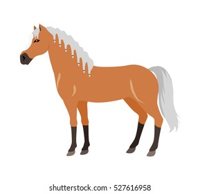 Red horse with white white mane vector. Flat design. Domestic animal. Country inhabitants concept. For farming, animal husbandry, horse sport illustrating. Agricultural species. Isolated on white
