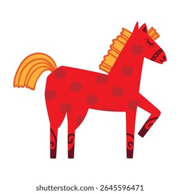 Um cavalo vermelho com juba amarela. Feliz Ano Novo Lunar Chinês 2026 cartão de saudação, banner. Caractere zoodíaco animal isolado sobre fundo branco
