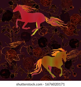 Red horses with colored manes and tails on brown bordo color background. Leaves, stems, flowers and inflorescences of peonies and roses vector illustration. Endless pattern. EPS10