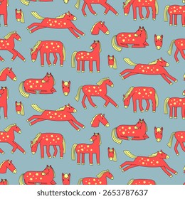 Red Horses Seamless pattern. Hand drawn horse illustration. Chinese zodiac year, cute pony characters, animals for print, New year 2026