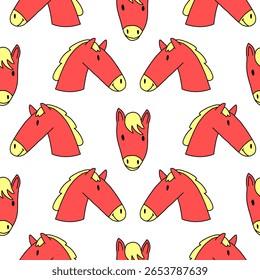 Red Horses Seamless pattern. Hand drawn horse illustration. Chinese zodiac year, cute pony characters, animals for print, New year 2026