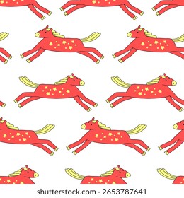 Red Horses Seamless pattern. Hand drawn horse illustration. Chinese zodiac year, cute pony characters, animals for print, New year 2026