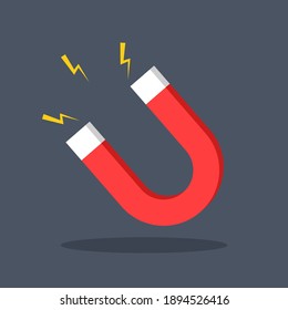 Red horseshoe in cartoon style with magnetic power sign on dark background. U-shaped magnet for attract. Magnetize or attraction concept. Vector illustration.