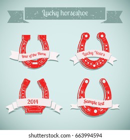 Red horseshoe icon set with headline lucky horseshoe on grey ribbon and isolated red icon set with ribbons vector illustration