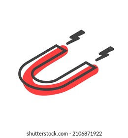 Red horseshoe linear icon with magnetic power sign. U-shaped magnet for attract. Magnetize or attraction concept. Vector illustration.