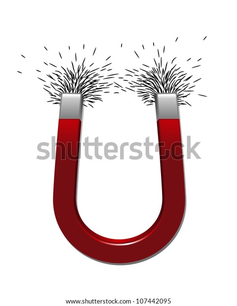 Red\
horseshoe magnet attracting iron filings\
illustration