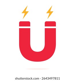 Red horseshoe magnet icon on white. Magnetic power, U shaped magnet symbol. Magnetism, attraction concept.