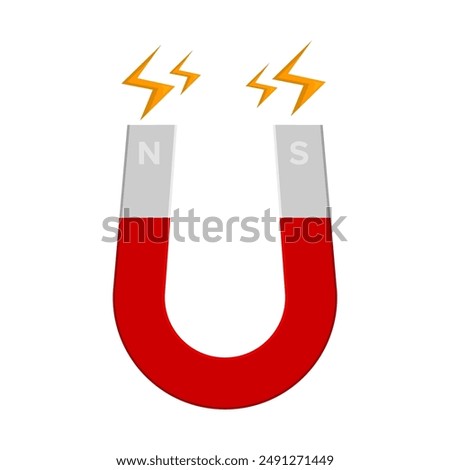 Red horseshoe magnet with a lightning bolt on a white background. A symbol of magnetic power