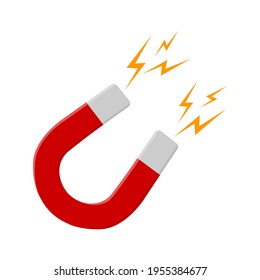 Red horseshoe magnet with lightning flash isolated on white background. Symbol of magnetic power, attraction, influence. Vector flat illustration.