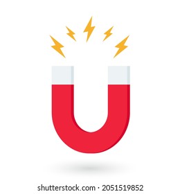 Red horseshoe magnet with magnetic power sign on white background. u-shaped magnet icon. Magnetism, magnetize, attraction concept. Vector illustration.