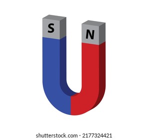 Red horseshoe magnet with magnetic power sign on blue background. u-shaped magnet icon. Magnetism, magnetize, attraction concept. Vector illustration