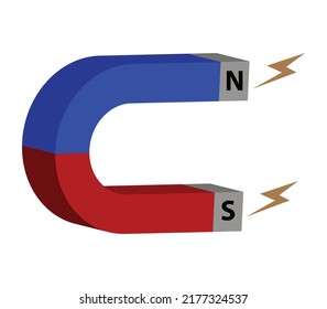 Red horseshoe magnet with magnetic power sign on blue background. u-shaped magnet icon. Magnetism, magnetize, attraction concept. Vector illustration