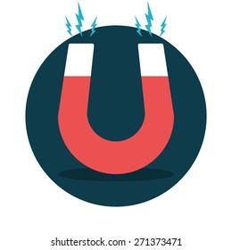 Red horseshoe magnet, magnetism, magnetize, attraction. Flat design. Vector illustration.