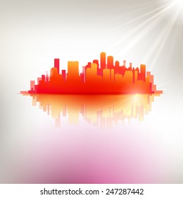 Red hot abstract city emblem. Abstract vector urban illustration. Modern touristic design elements.