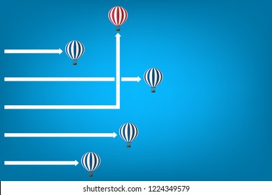 Red Hot Air Balloon Changing Direction. New Idea, Change, Trend, Courage, Creative Solution, Innovation And Unique Way Concept.