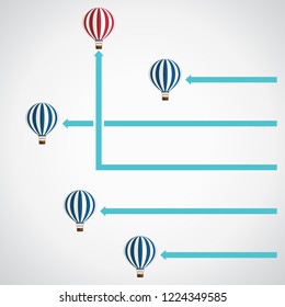 Red Hot Air Balloon Changing Direction. New Idea, Change, Trend, Courage, Creative Solution, Innovation And Unique Way Concept.