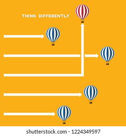 Red Hot Air Balloon Changing Direction. New Idea, Change, Trend, Courage, Creative Solution, Innovation And Unique Way Concept.